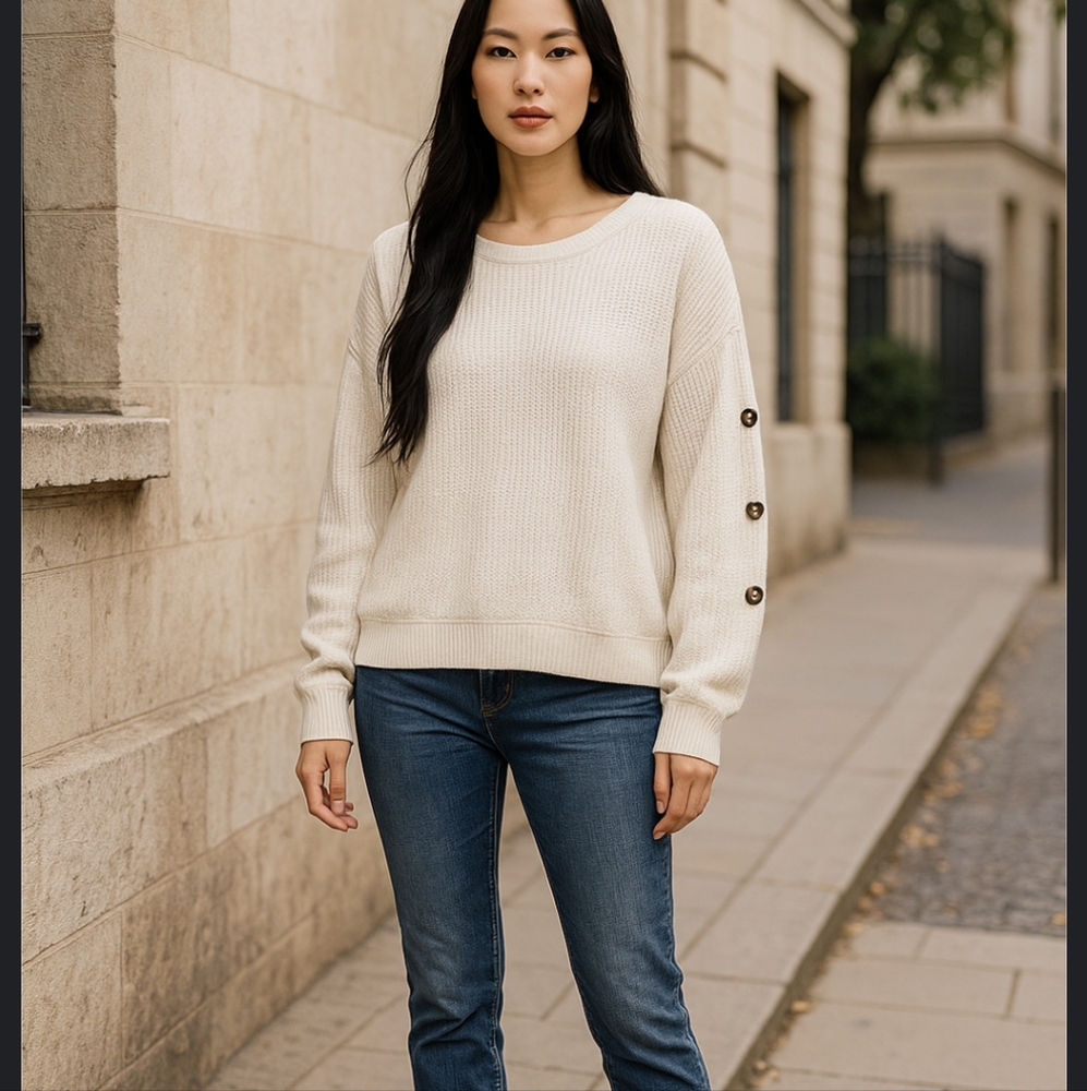 PAPEROC Ivory Textured Ballon Sleeve Top